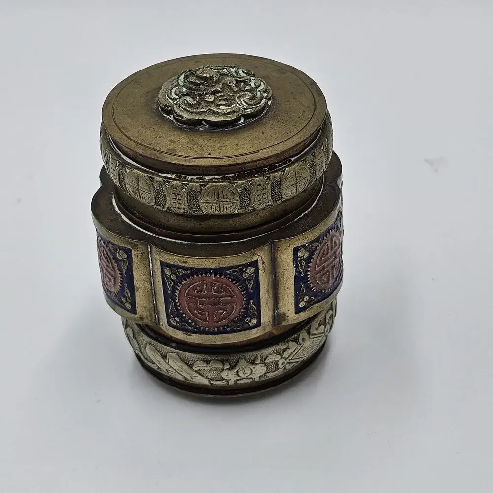Vintage Chinese Lidded Enamel Brass Tea Caddy Snuff Jar Blue Red